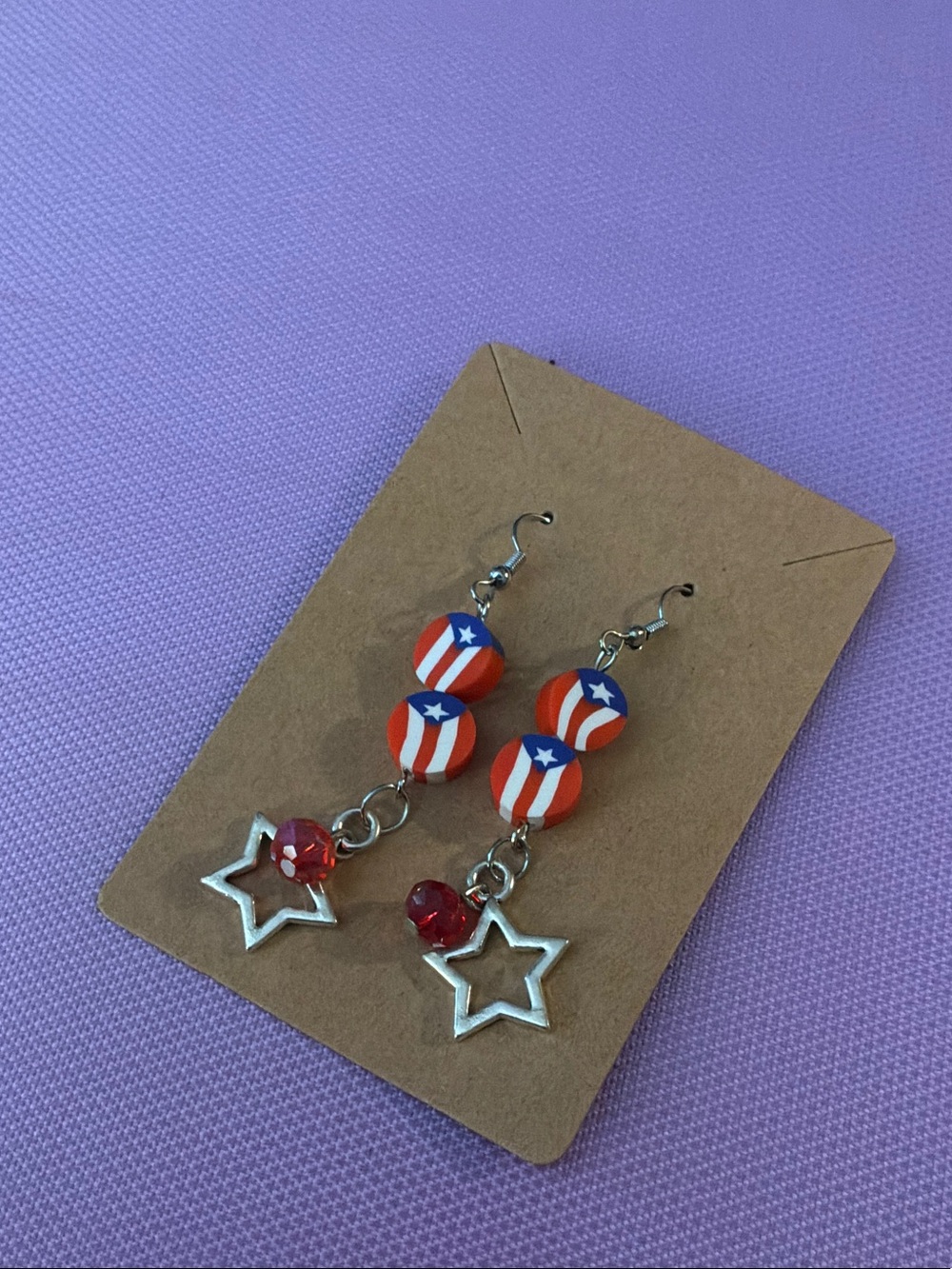 Red Star Dangle Earrings with Patriotic Beads